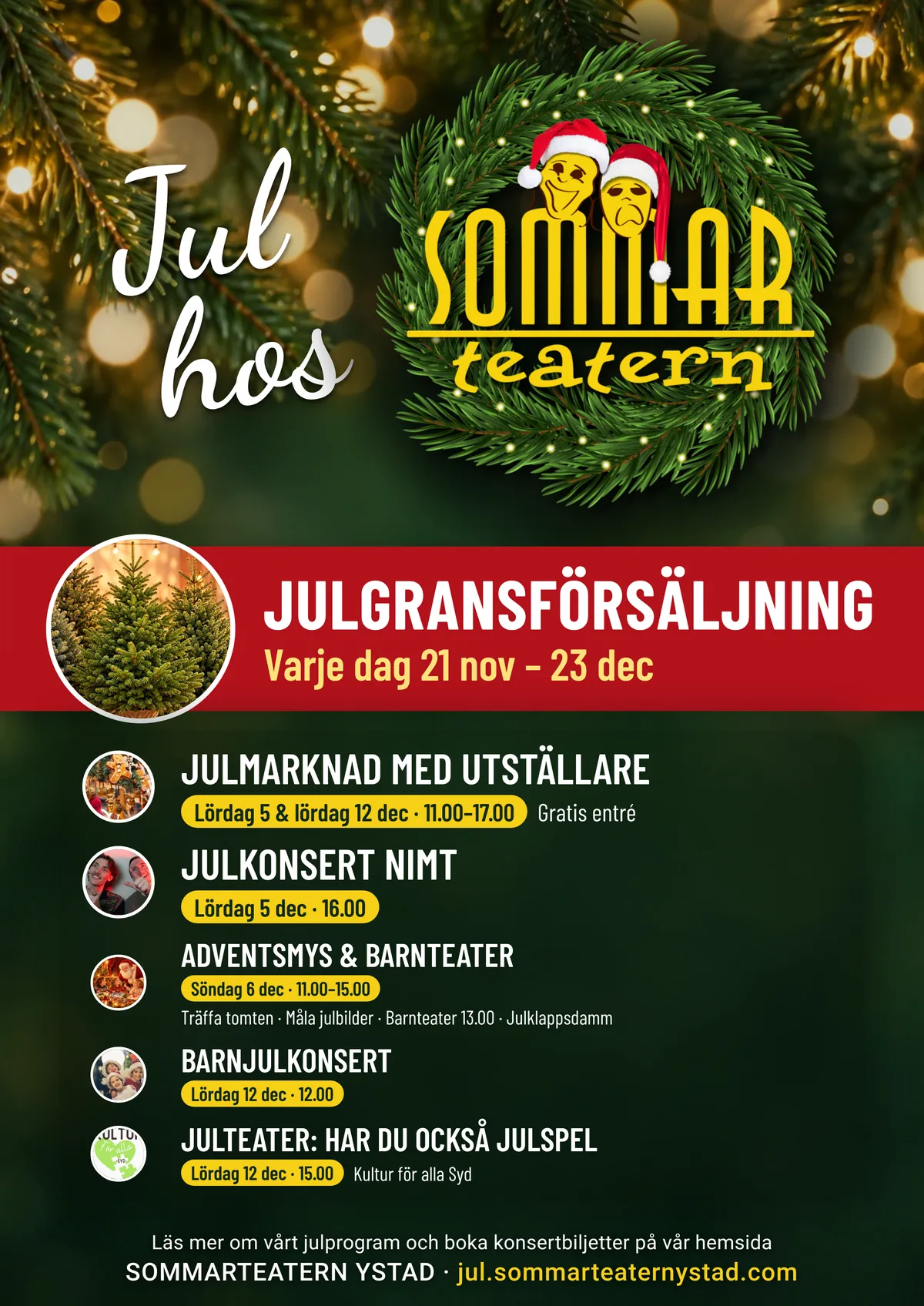 Affisch Jul hos Sommarteatern 2026 med datum för julgransförsäljning, julmarknad, konserter och teater